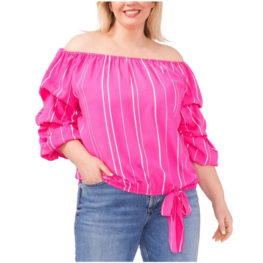 Vince Camuto Womens Plus Size Sleeve Tie Front Pullover Off the Shoulder Blou...